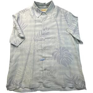 The Havanera Co. Ramie Rayon Palm Leaf Button Down Shirt Blue L Tropical